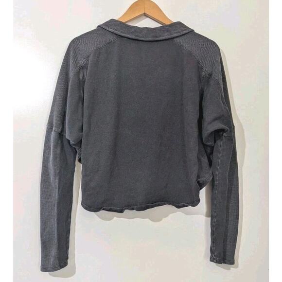 Daily Practice by Anthropologie Long-Sleeve Henley Top Large Gray Crop Waffle Z - Picture 4 of 4